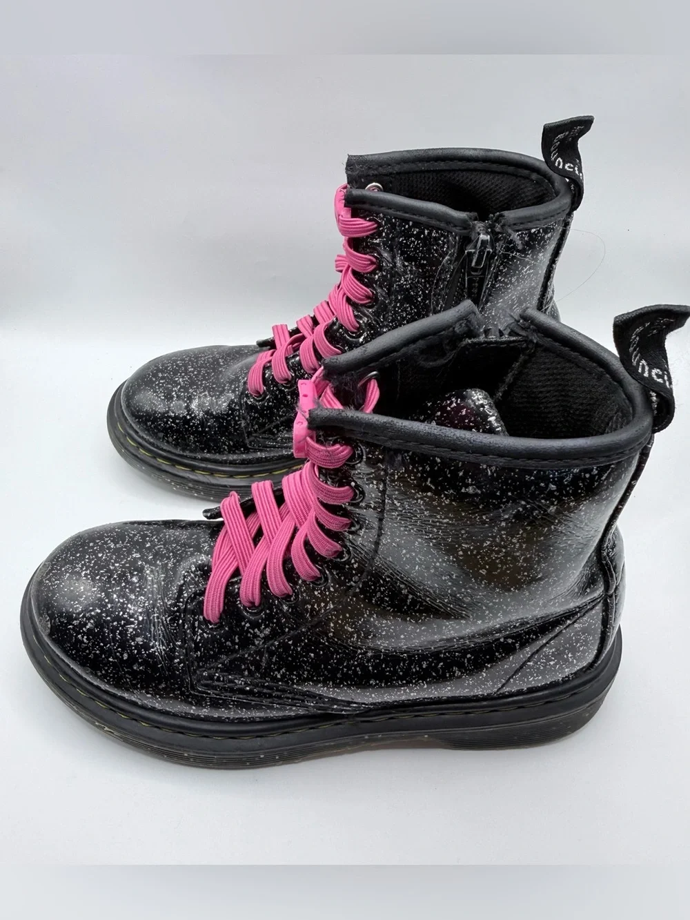 Dr. Martens 1460J black glitter combat boot w/pink laces, 13 US Kids